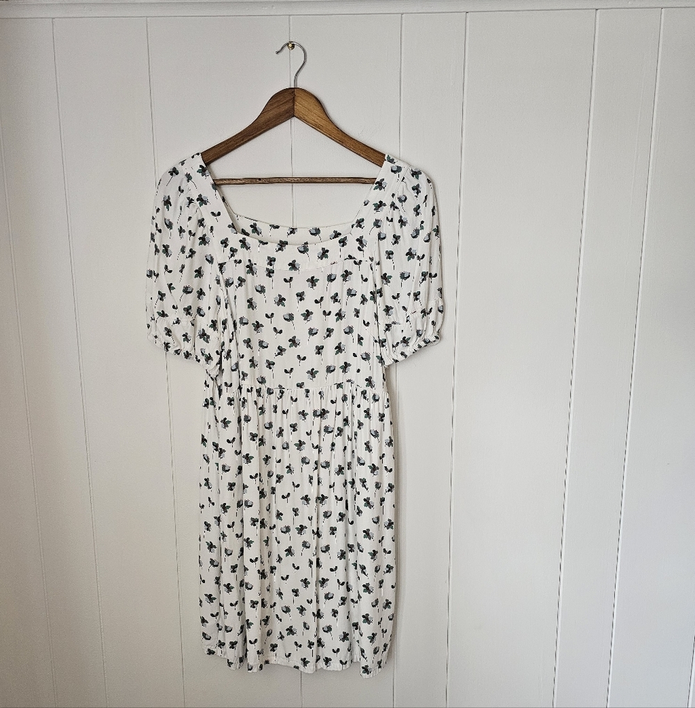 LOFT White Dress with Black Floral Pattern Puff Sleeve Dress